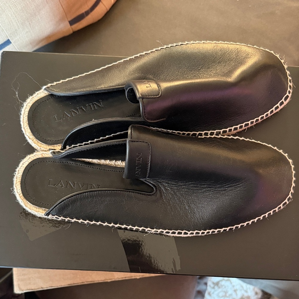 Lanvin Black Leather Espadrille Slip-On Mules